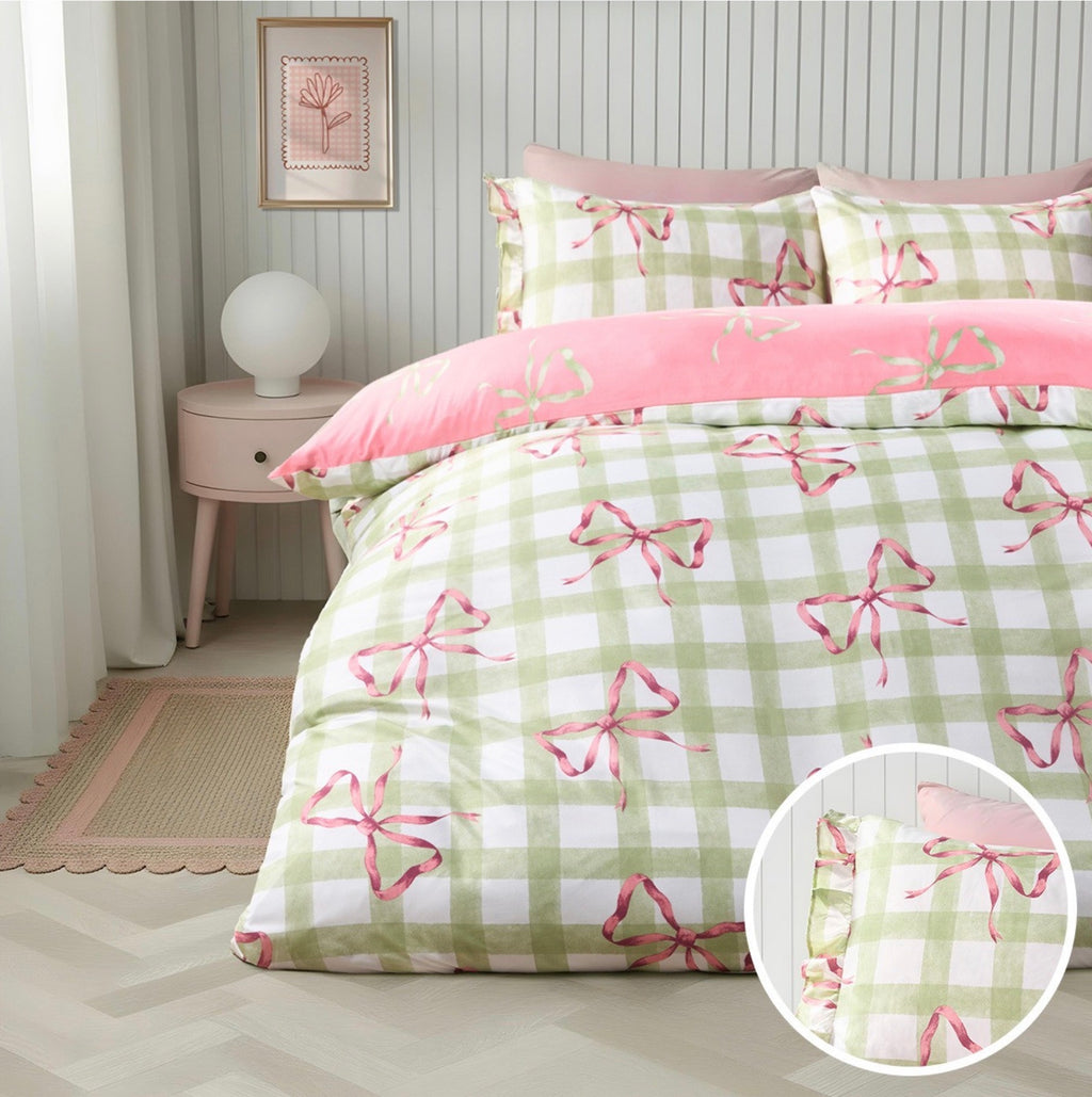 Bow Print Duvet Cover & Frill Edge Pillowcase Set