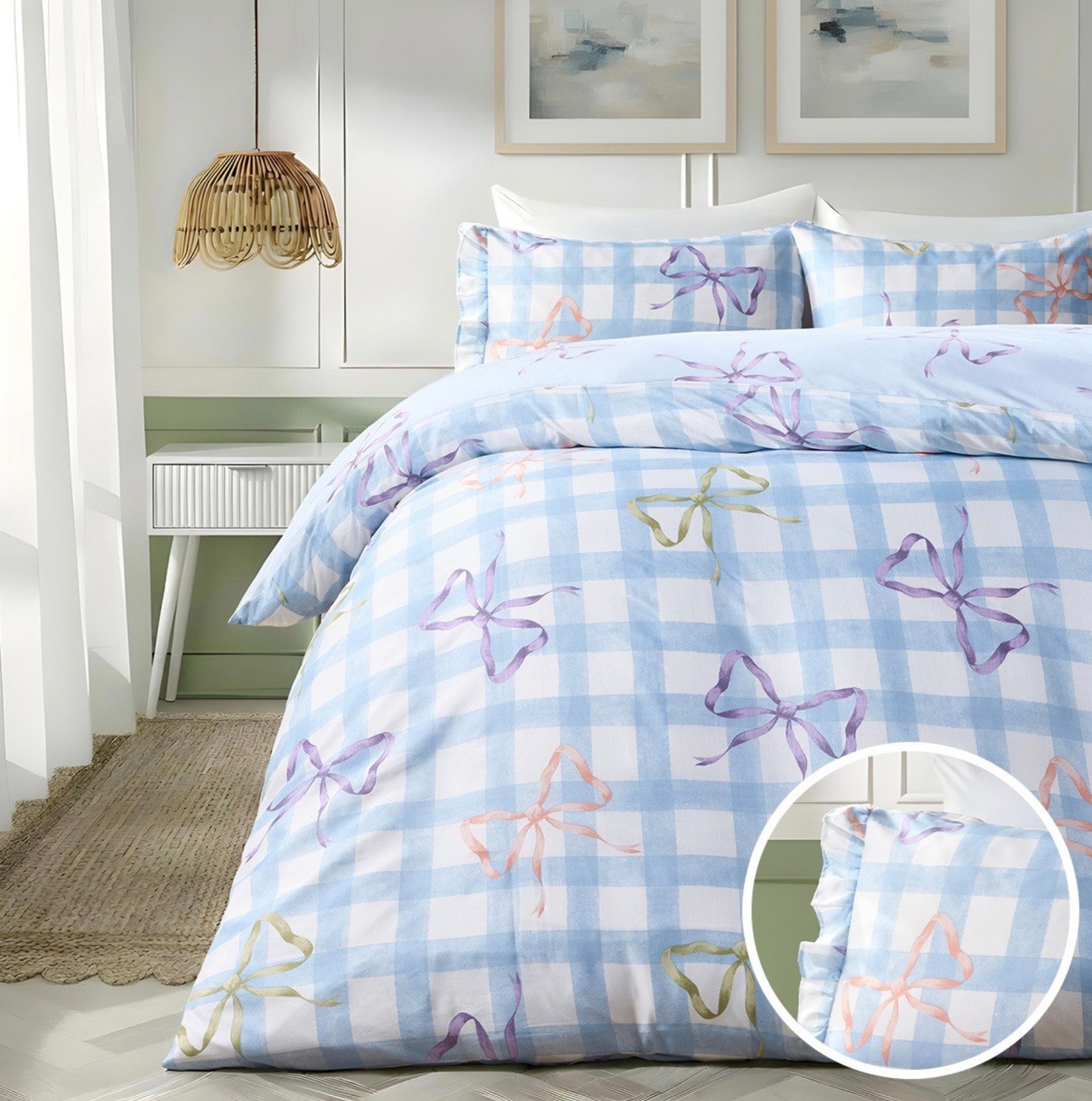Bow Print Duvet Cover & Frill Edge Pillowcase Set