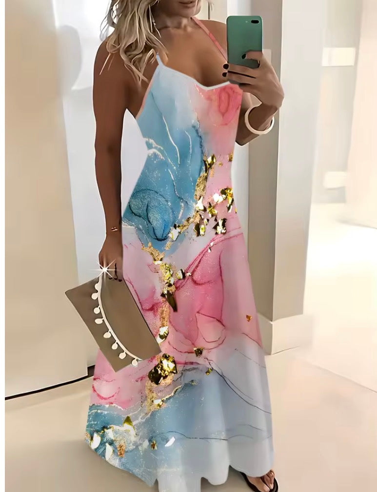 Watercolor Pink Blue Gold Abstract Print A-Line Sleeveless Midi Dress