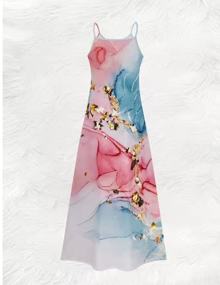 Watercolor Pink Blue Gold Abstract Print A-Line Sleeveless Midi Dress