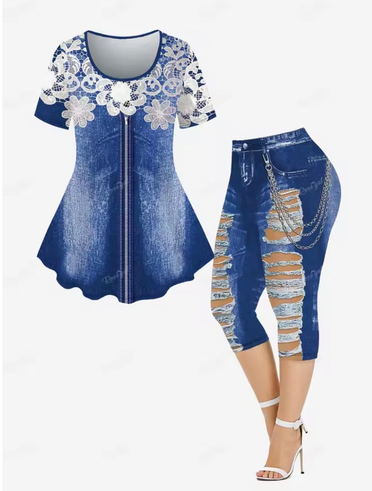 Floral Lace Zipper Print T-shirt, Ripped Denim, Chain Pockets