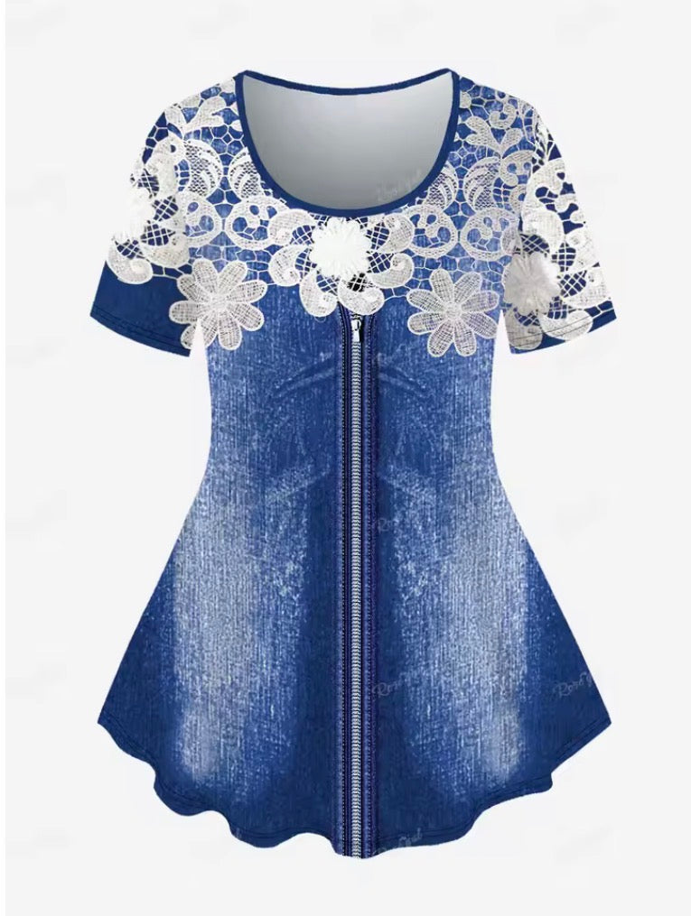 Floral Lace Zipper Print T-shirt, Ripped Denim, Chain Pockets