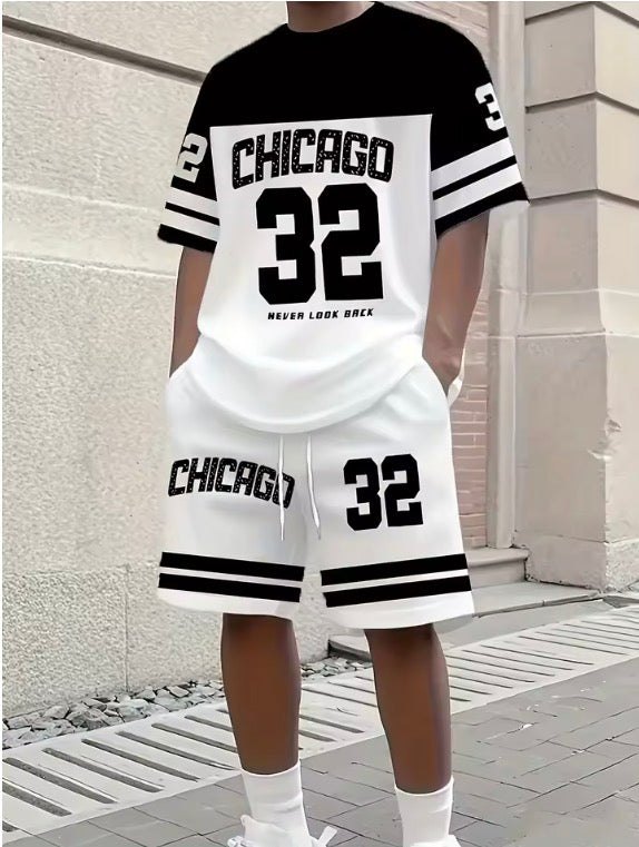 Men's Chicago-Themed Relaxed Set Size 32 Printed T-Shirt and Shorts Set