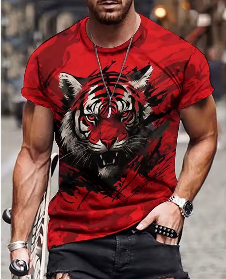 Mens Lion Print Short Sleeve Crew Neck T-Shirt