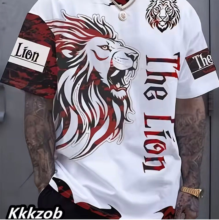 Mens Lion Print Short Sleeve Crew Neck T-Shirt