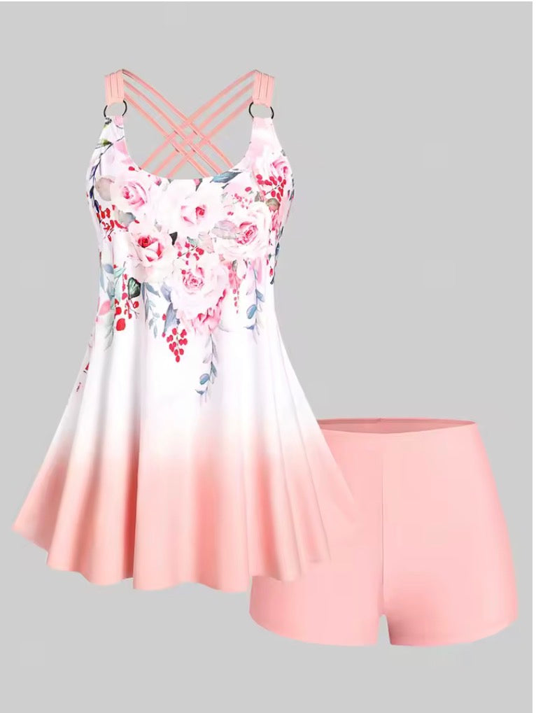 Floral Print Crisscross Modest Tankini Swimsuit
