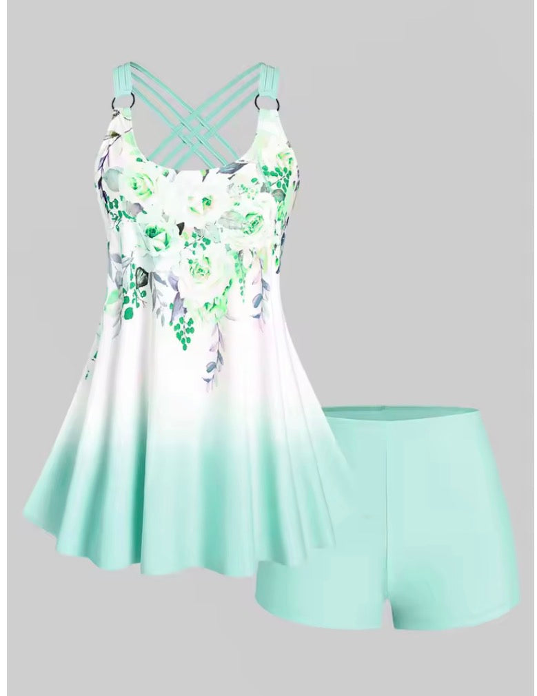 Floral Print Crisscross Modest Tankini Swimsuit