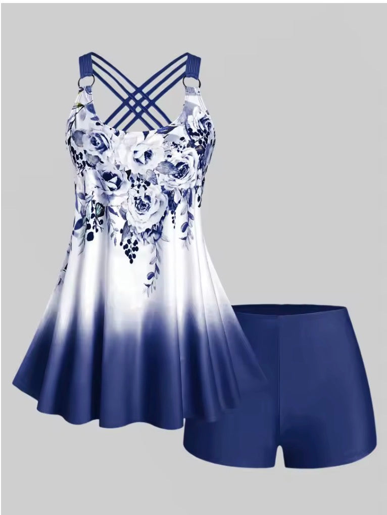 Floral Print Crisscross Modest Tankini Swimsuit