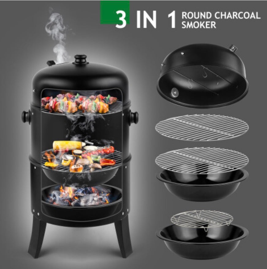 3 in 1 Temperature Display BBQ Grill Charcoal Smoker
