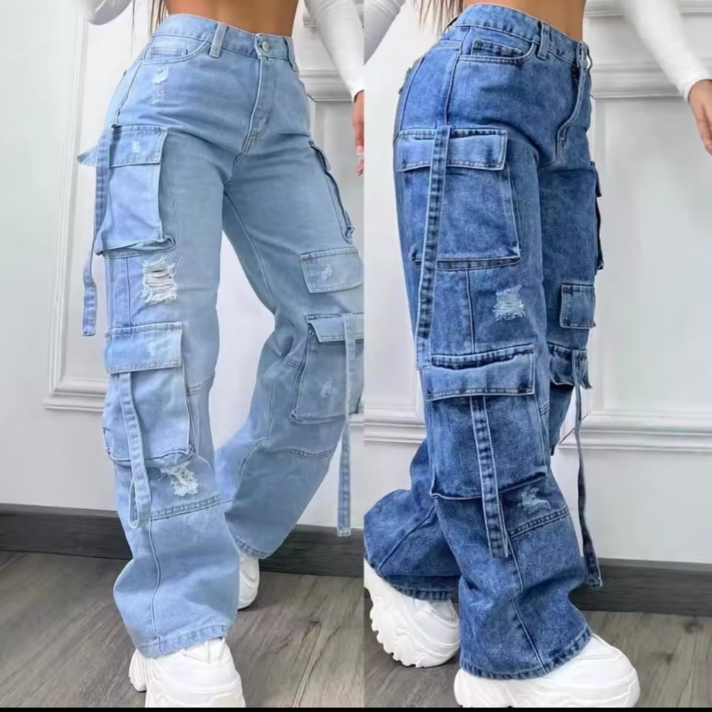 High Waist Multi Pocket Loose Fit Women's Jeans