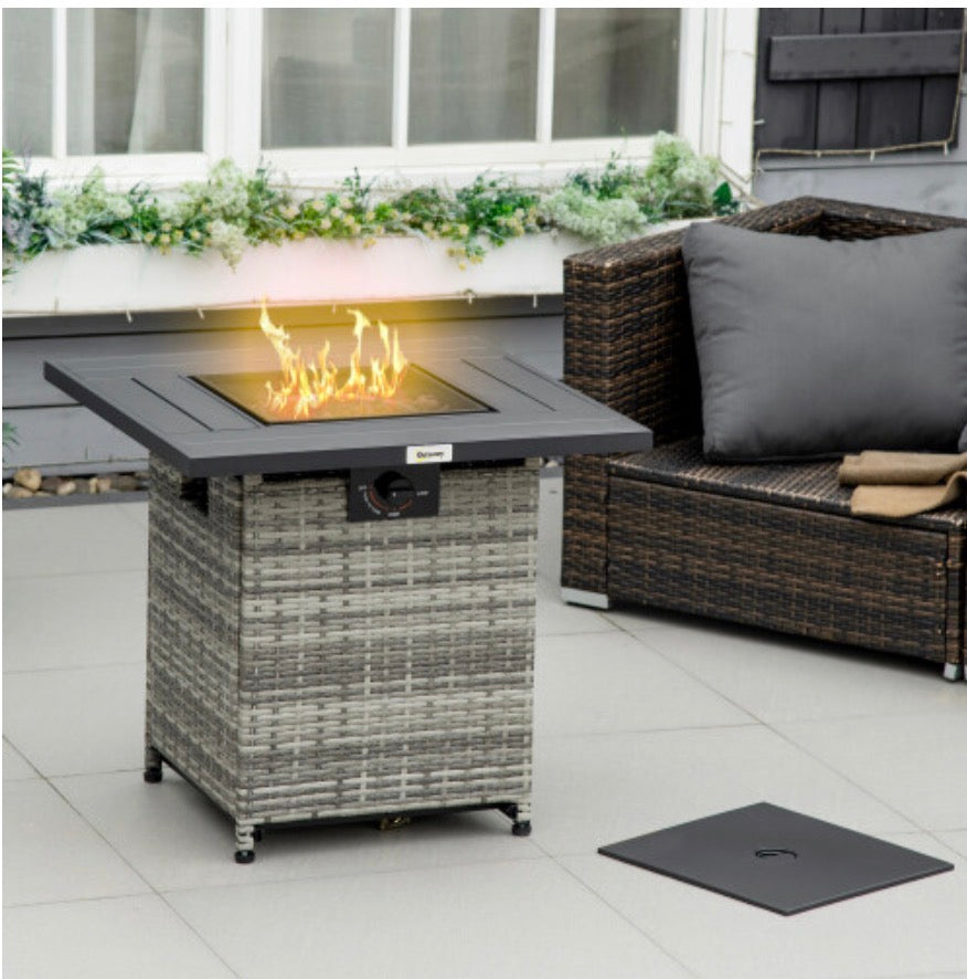 Fire Pit Table w/ Rain Cover, Mesh Lid & Lava Stone
