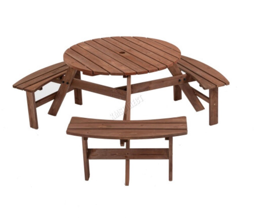 Garden Patio Picnic Wooden Round Table Bench Set 6 Seat Outdoor
