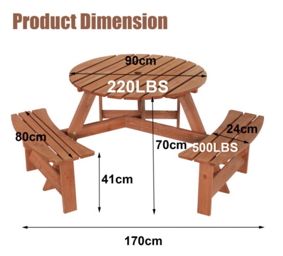 Garden Patio Picnic Wooden Round Table Bench Set 6 Seat Outdoor