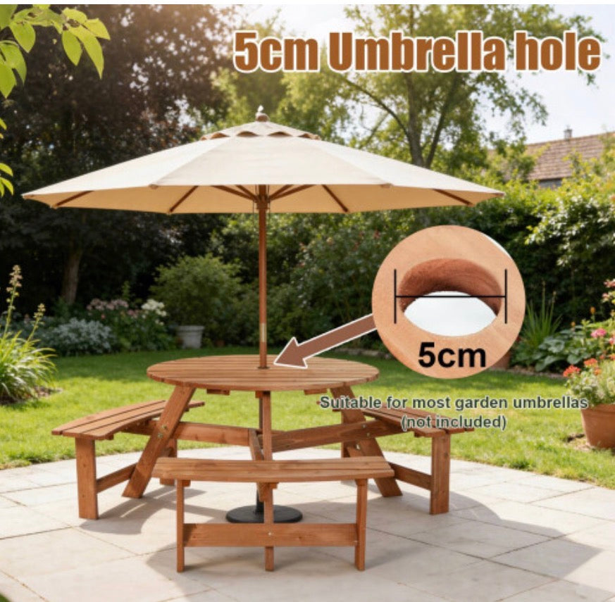 Garden Patio Picnic Wooden Round Table Bench Set 6 Seat Outdoor