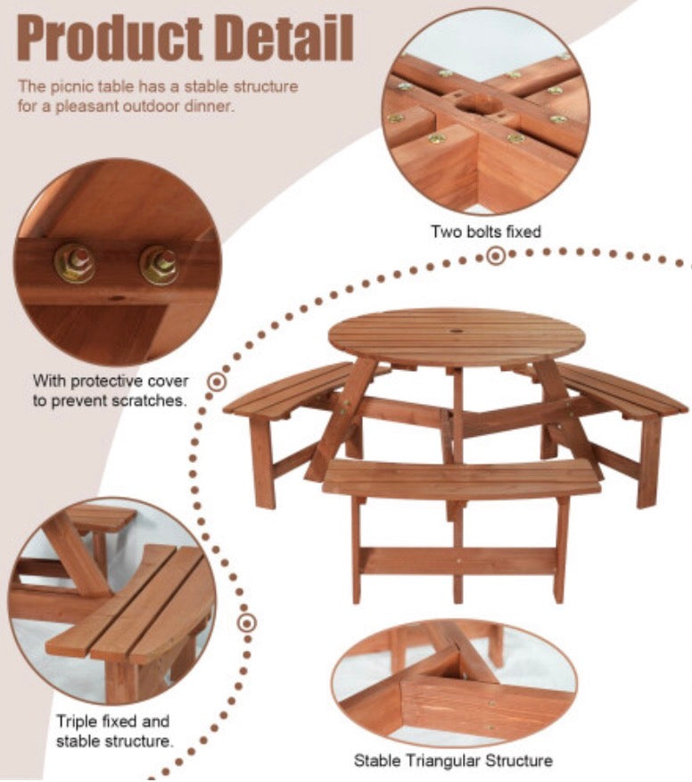 Garden Patio Picnic Wooden Round Table Bench Set 6 Seat Outdoor
