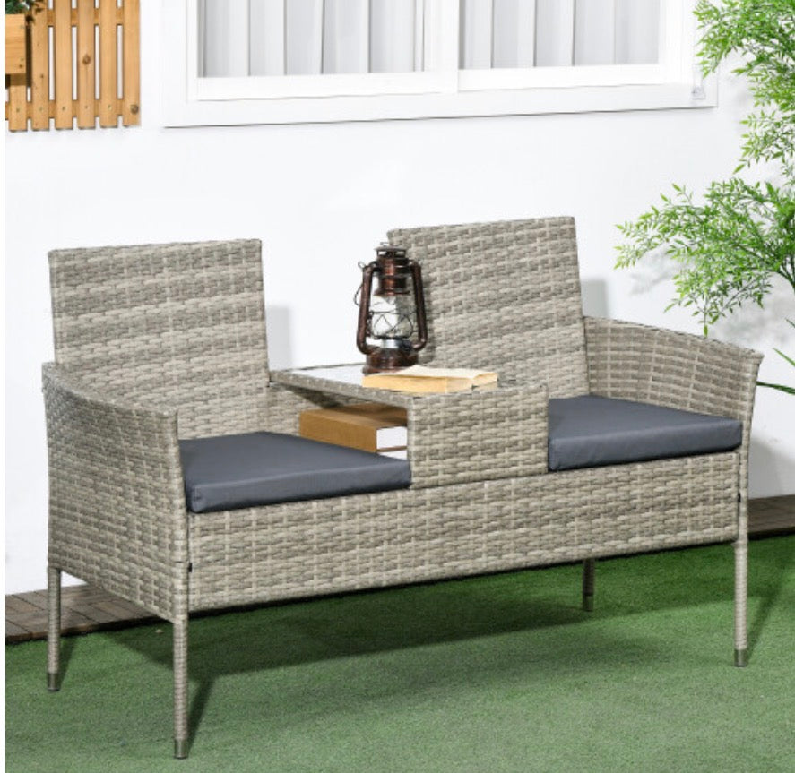 Rattan Garden Bench w/ Glass Tea Table, Wicker Chair