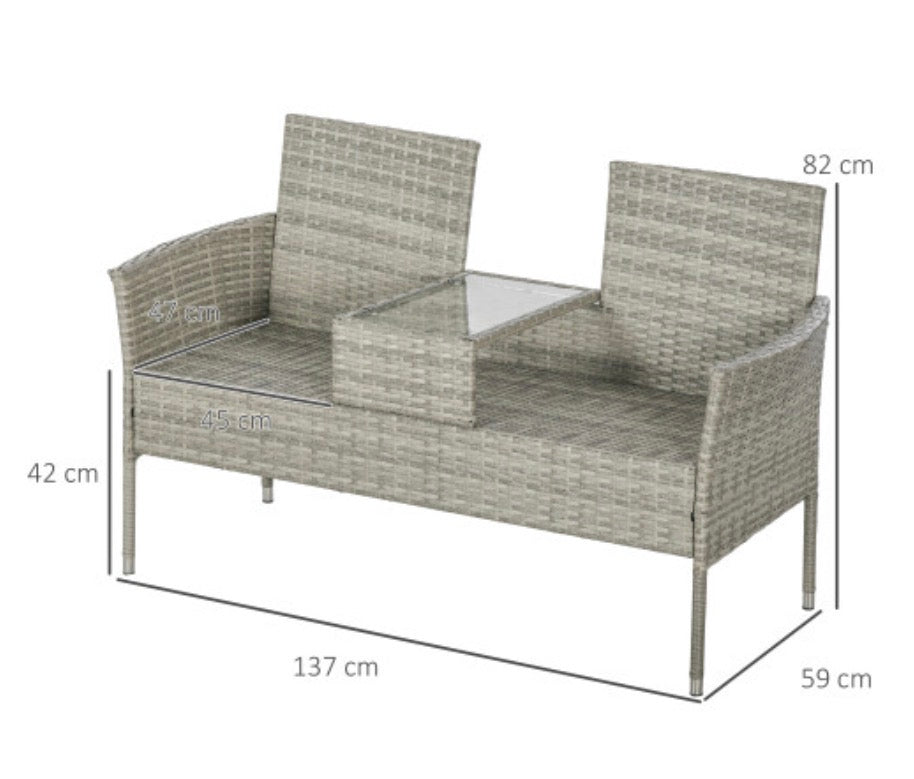 Rattan Garden Bench w/ Glass Tea Table, Wicker Chair