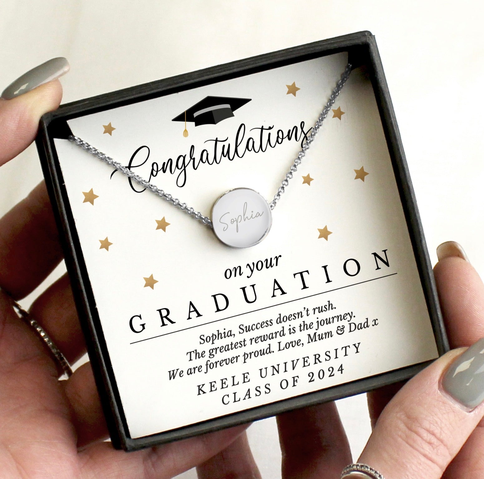 Personalised Graduation Sentiment Silver Tone Necklace and Box