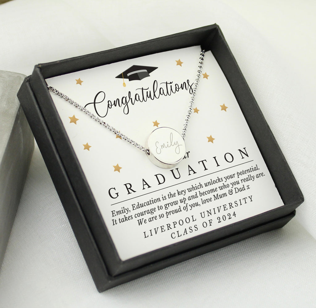 Personalised Graduation Sentiment Silver Tone Necklace and Box