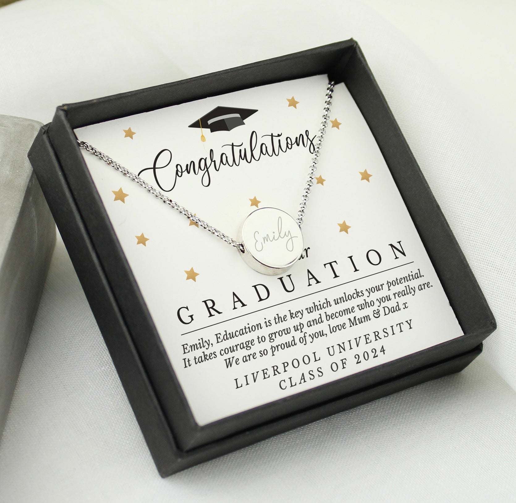 Personalised Graduation Sentiment Silver Tone Necklace and Box