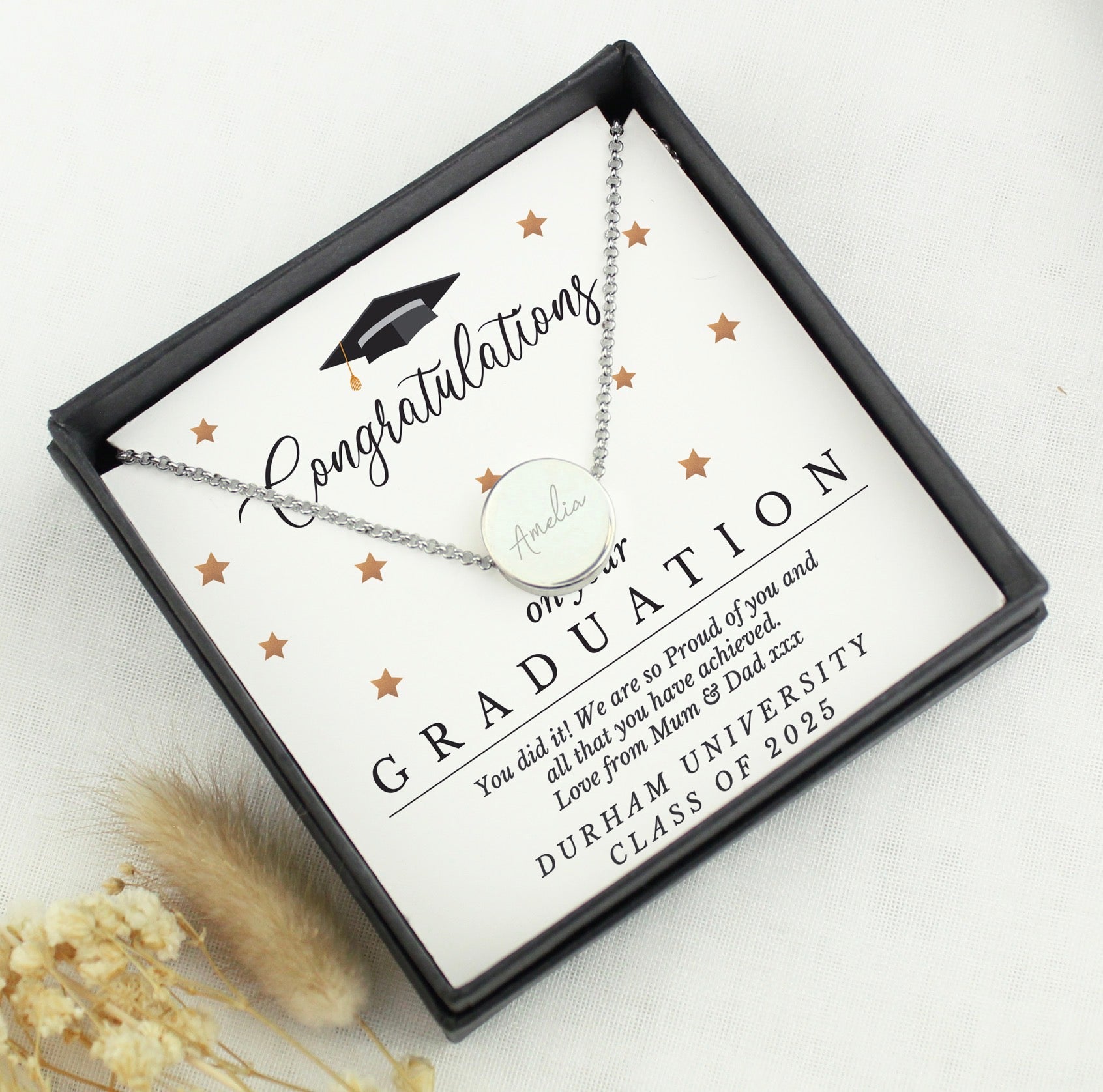 Personalised Graduation Sentiment Silver Tone Necklace and Box