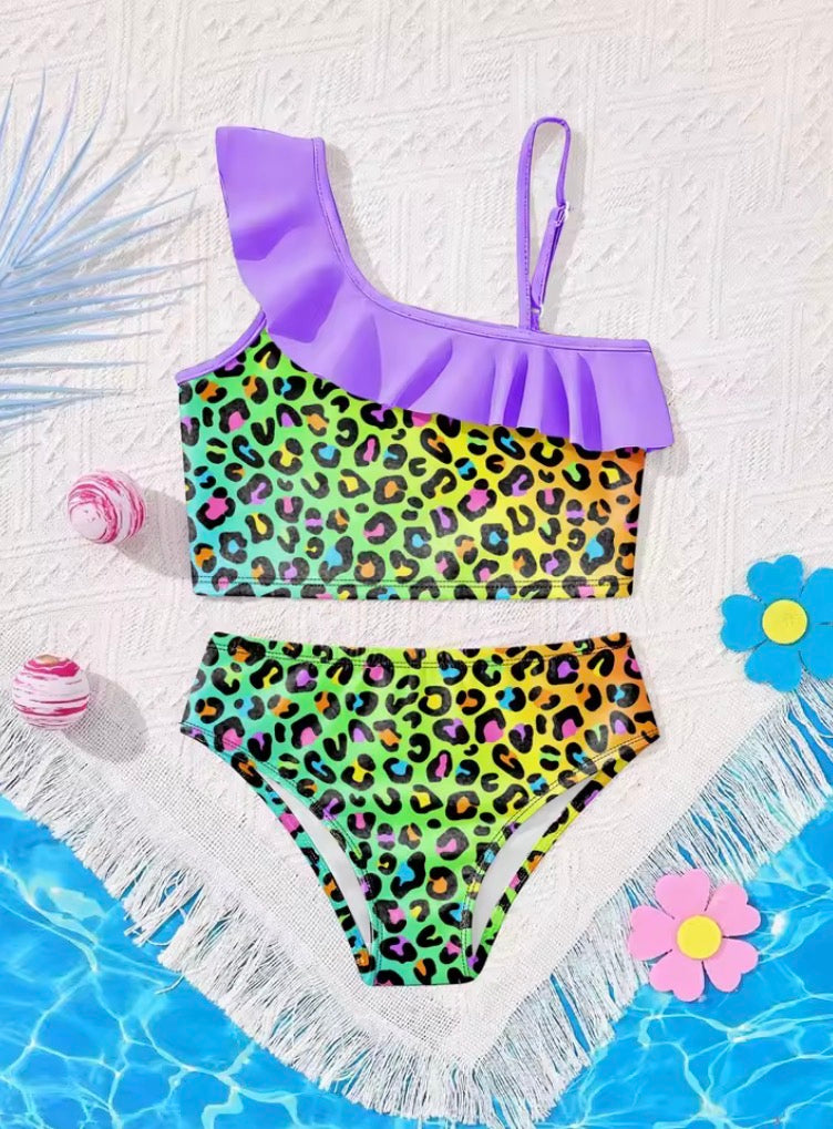 Girls' Swimsuit Set Colorful Polka Dot Leopard Print