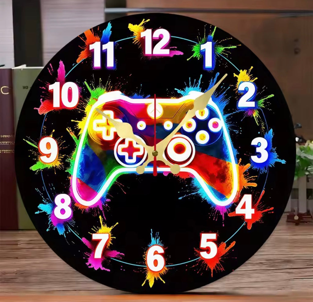 Gaming Controller Wooden Round Silent Hanging Wall Clock,