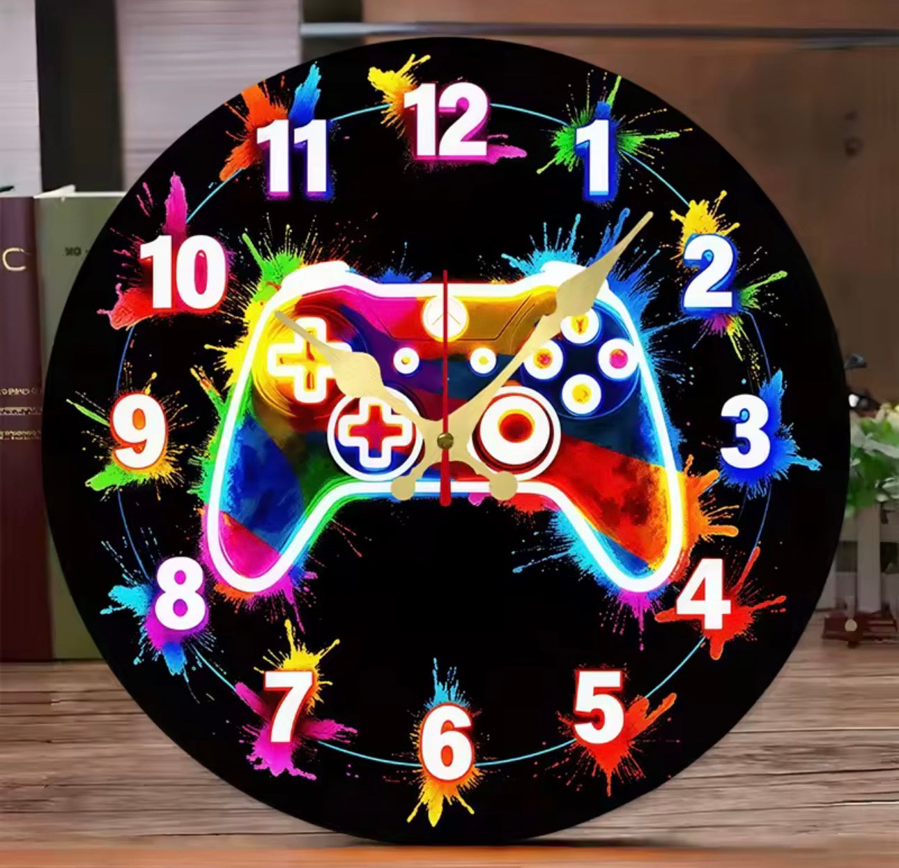 Gaming Controller Wooden Round Silent Hanging Wall Clock,