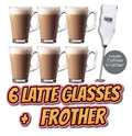 6 X Latte Coffee Glasses and Cappuccino Frother