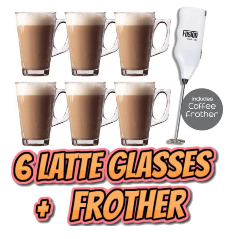 6 X Latte Coffee Glasses and Cappuccino Frother