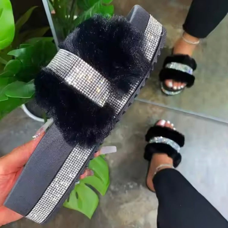 Women Fur Rhinestone Slippers Platform Wedges