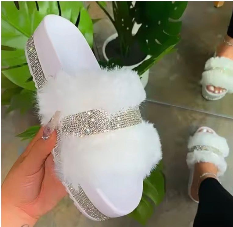 Women Fur Rhinestone Slippers Platform Wedges