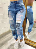 Letter Print Slant Pocket Ripped Jeans