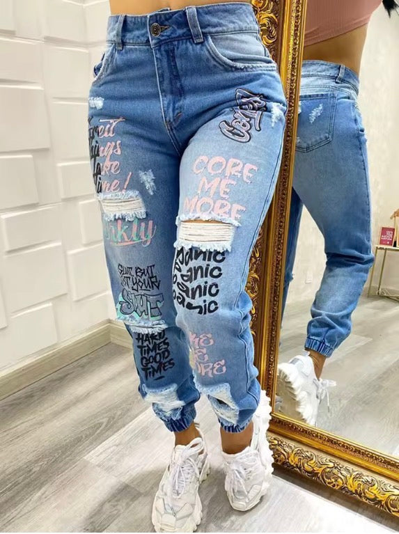 Letter Print Slant Pocket Ripped Jeans
