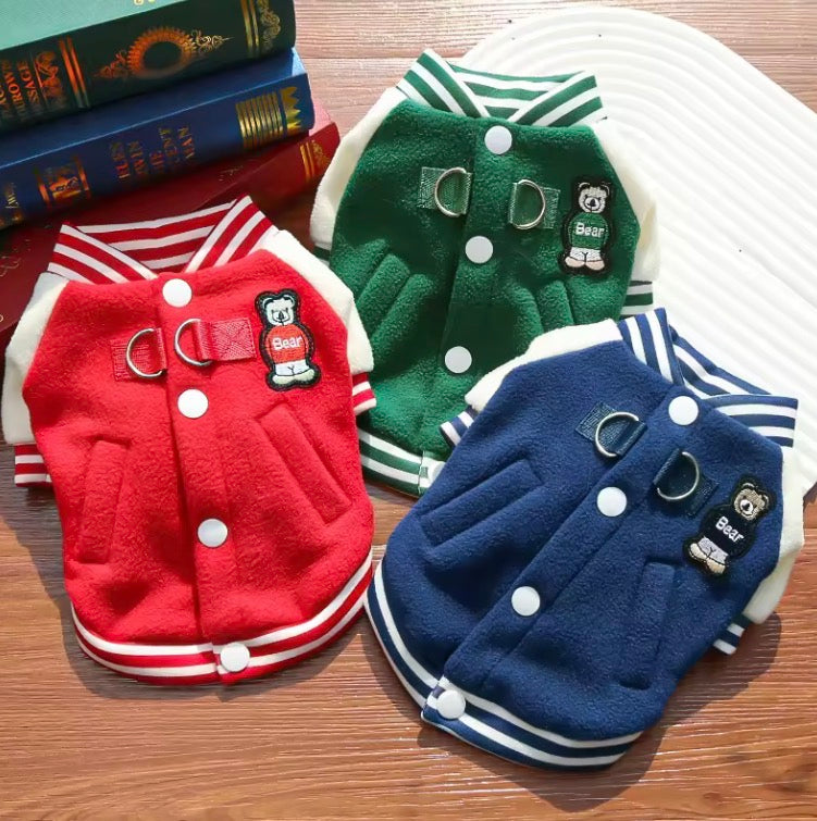 Cozy Fleece Dog Jacket, Sporty Baseball Style Dog Clothes