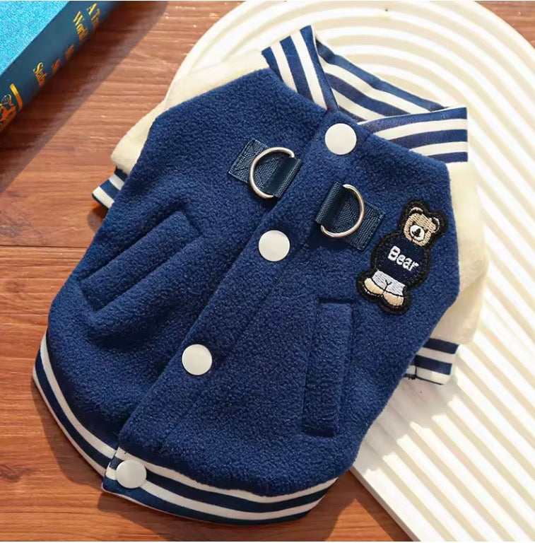 Cozy Fleece Dog Jacket, Sporty Baseball Style Dog Clothes