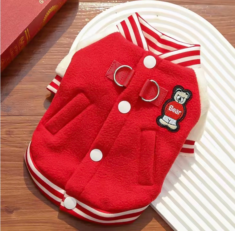 Cozy Fleece Dog Jacket, Sporty Baseball Style Dog Clothes