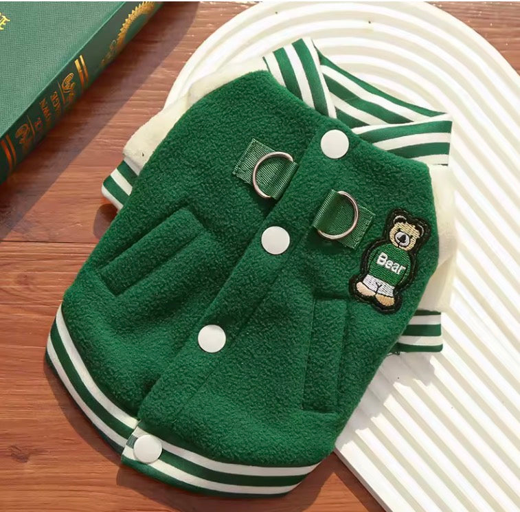 Cozy Fleece Dog Jacket, Sporty Baseball Style Dog Clothes