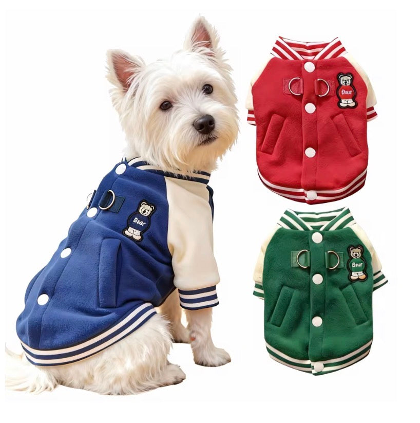 Cozy Fleece Dog Jacket, Sporty Baseball Style Dog Clothes