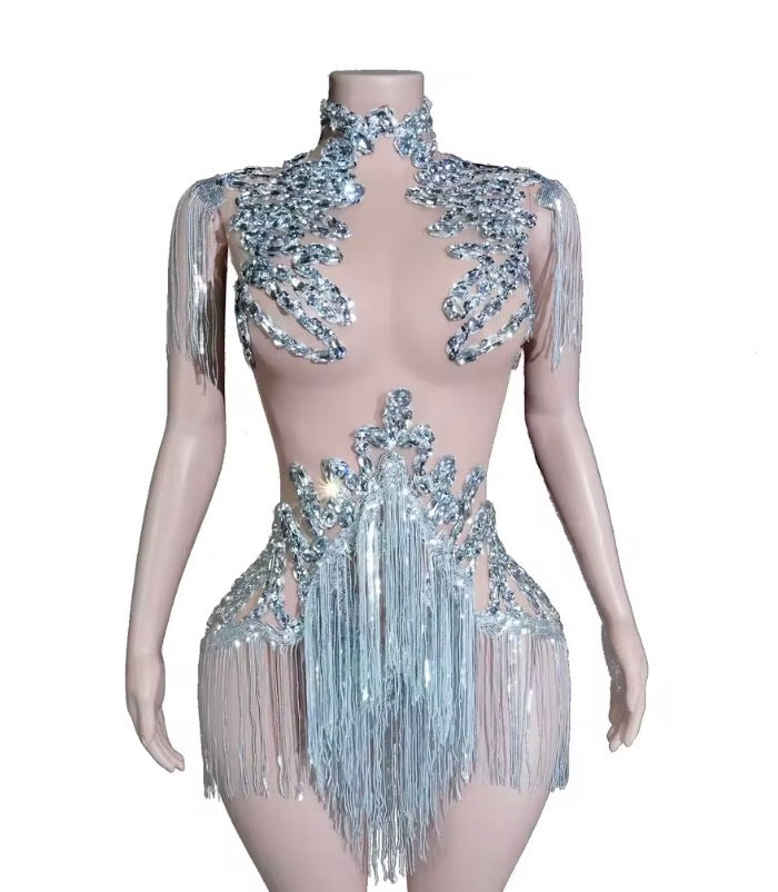 Sparkle Rhinestones Mesh Tassels Leotard Drag Queen/Dance Attire Bodysuit