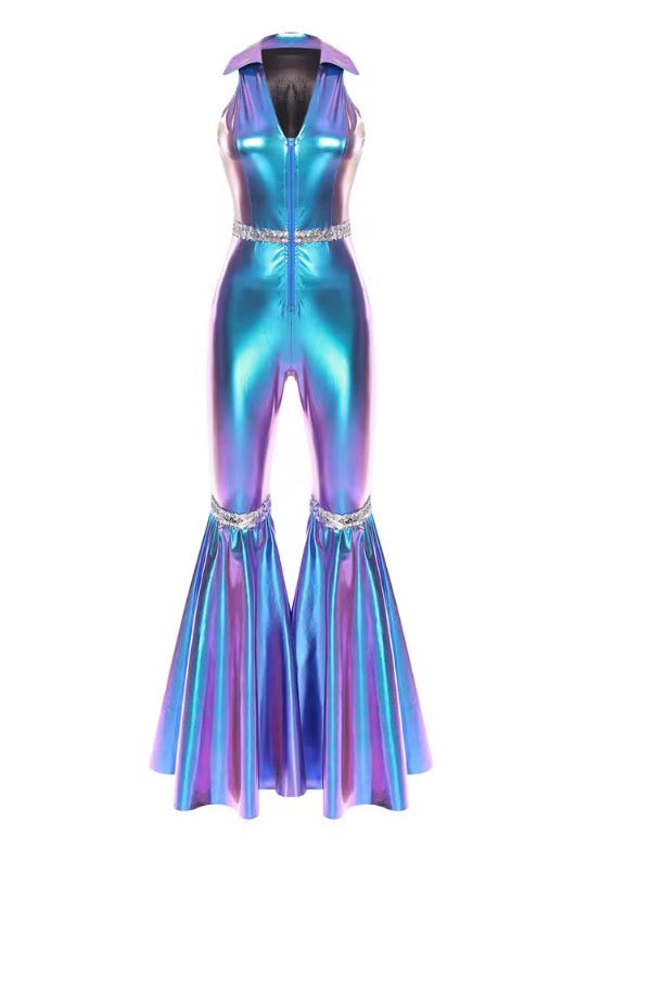 70s Disco Rompers Lapel V Neck Sleeveless Front Zipper