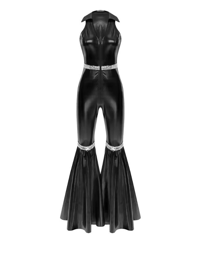 70s Disco Rompers Lapel V Neck Sleeveless Front Zipper
