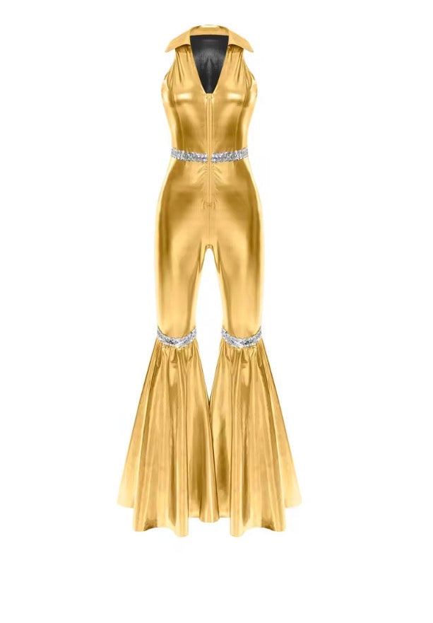 70s Disco Rompers Lapel V Neck Sleeveless Front Zipper