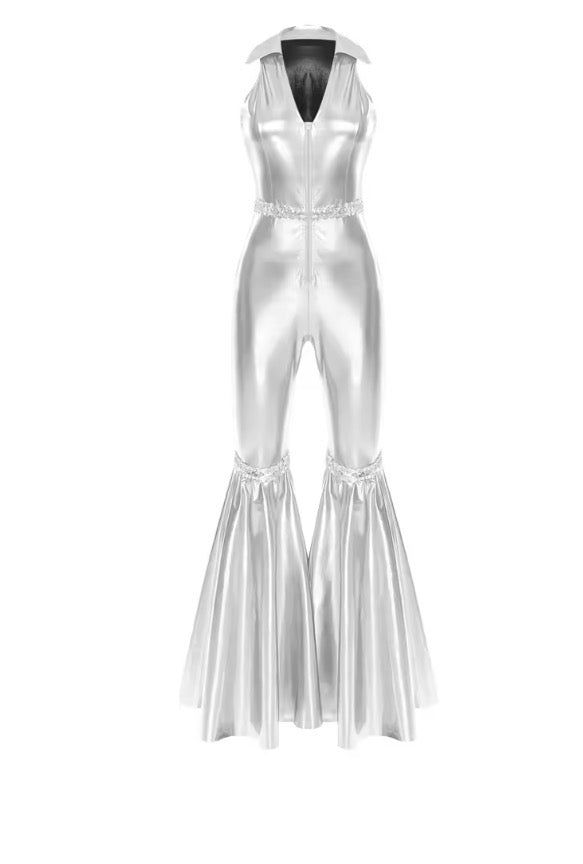 70s Disco Rompers Lapel V Neck Sleeveless Front Zipper