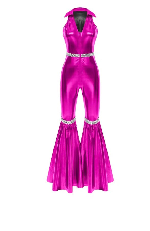 70s Disco Rompers Lapel V Neck Sleeveless Front Zipper