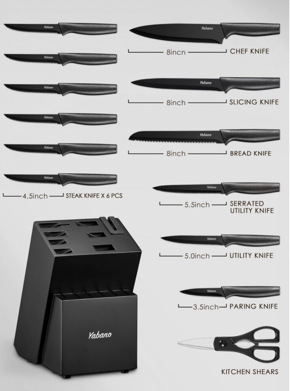 Knife Set, Yabano 14 Pieces Knife Block Set with Built-in Sharpener