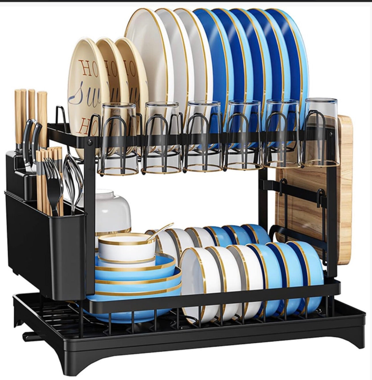 2 Tier Dish Drainer Rack with Drip Tray Cutlery Holder Plate Rack Kitchen Sink