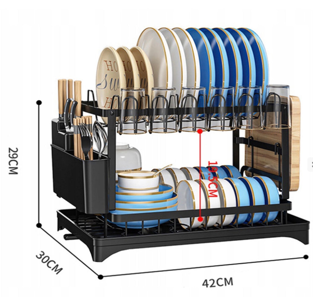 2 Tier Dish Drainer Rack with Drip Tray Cutlery Holder Plate Rack Kitchen Sink