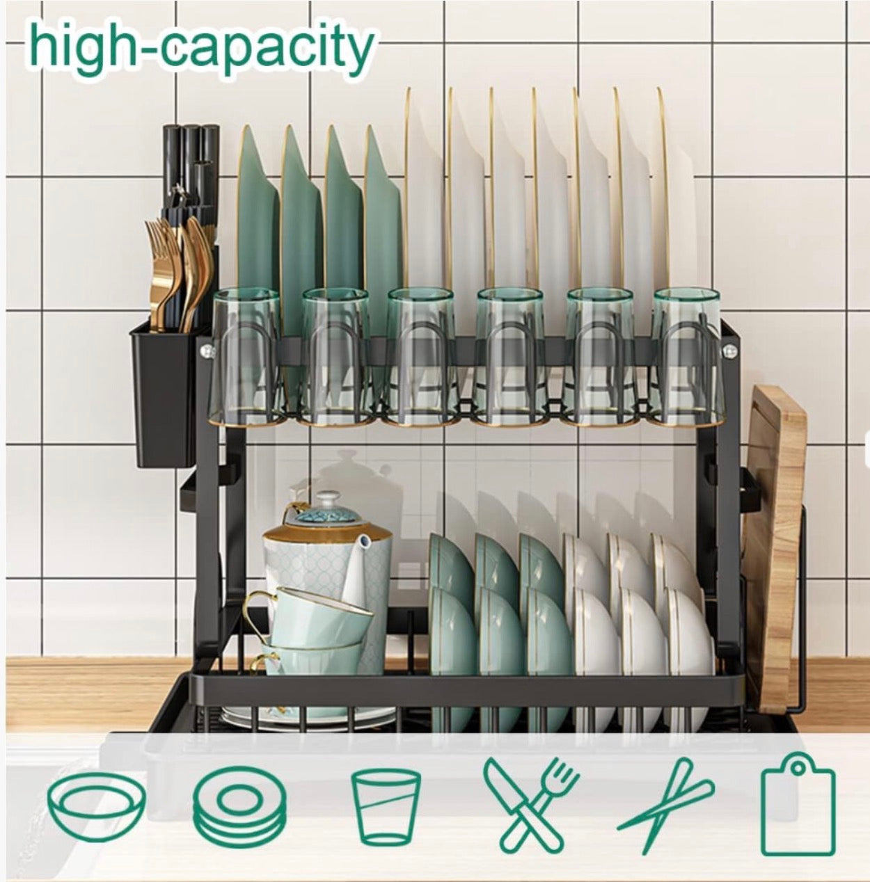 2 Tier Dish Drainer Rack with Drip Tray Cutlery Holder Plate Rack Kitchen Sink