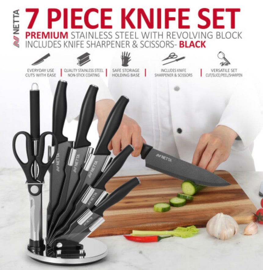 NETTA 7-Piece Stainless Steel Knife Set with Clear Rotating Block